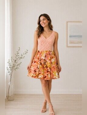 Paper Doll Juniors Size 11 Peach Lace Floral Dress Sleeveless Fit & Flare